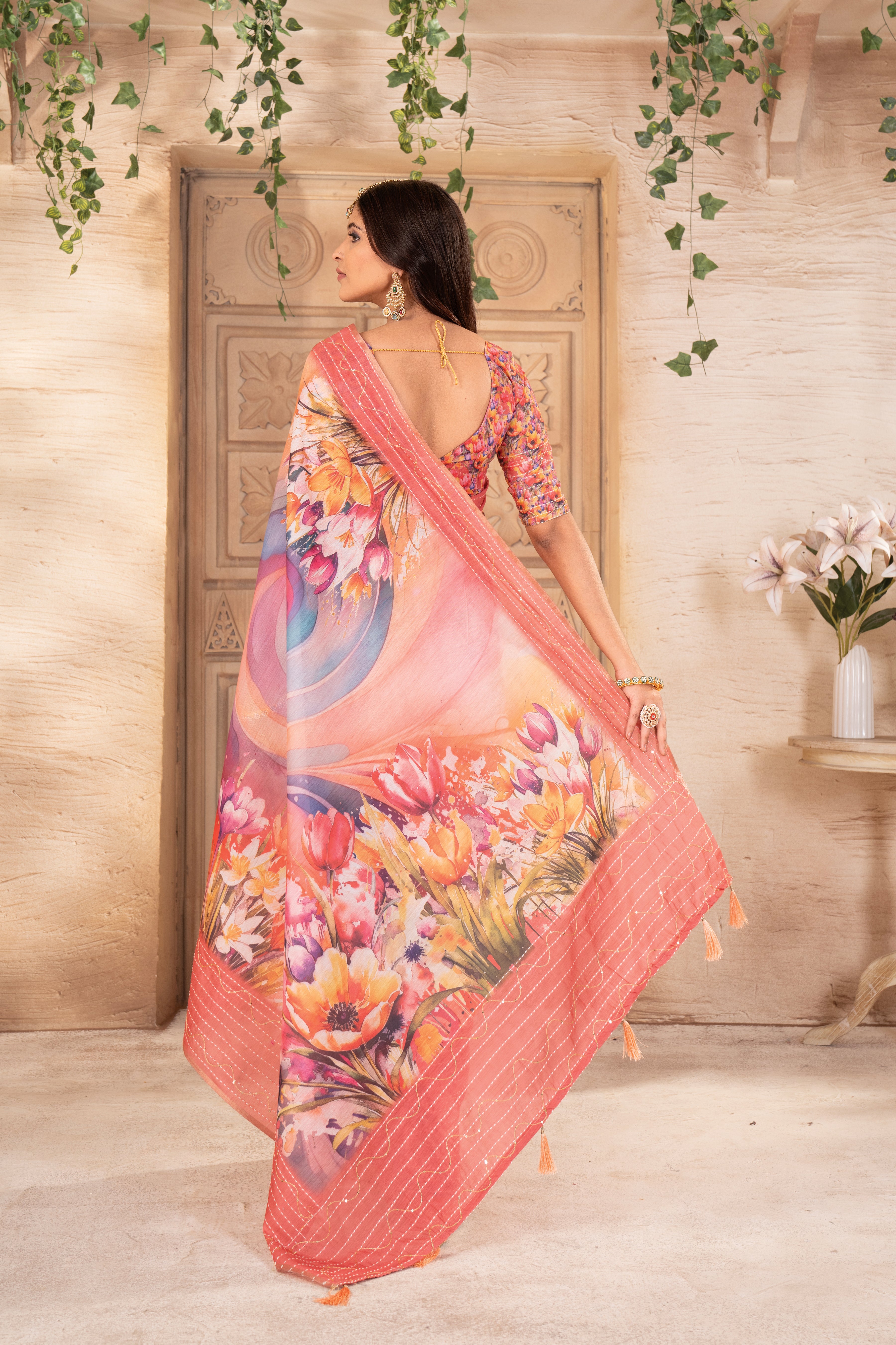 Gajari Flora Silk Chanderi Saree